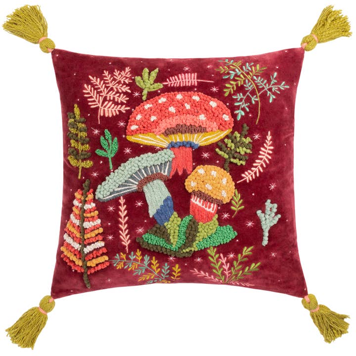 Magic Mushrooms Cushion Ruby Red for wholesale on Faire1