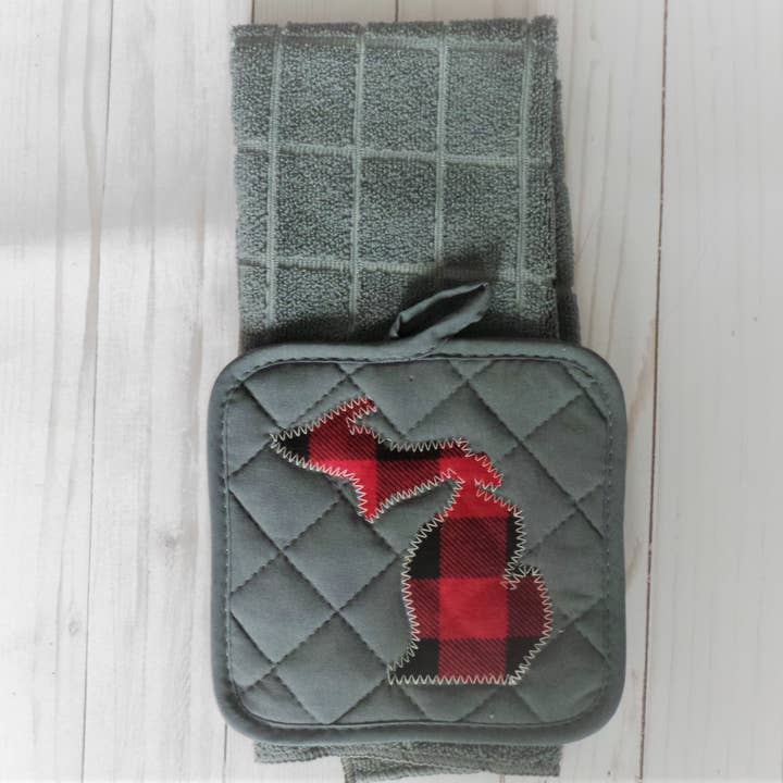 Plaid Spirit - Wholesale Oven Mitt/Pot Holder - Buffalo Plaid State shape potholder and towel set
