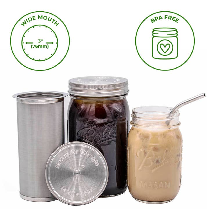 Mason Jar Lifestyle - Wholesale Tea Strainer/Infuser - Cold Brew Coffee and Tea Maker Stainless Steel Filter Kit