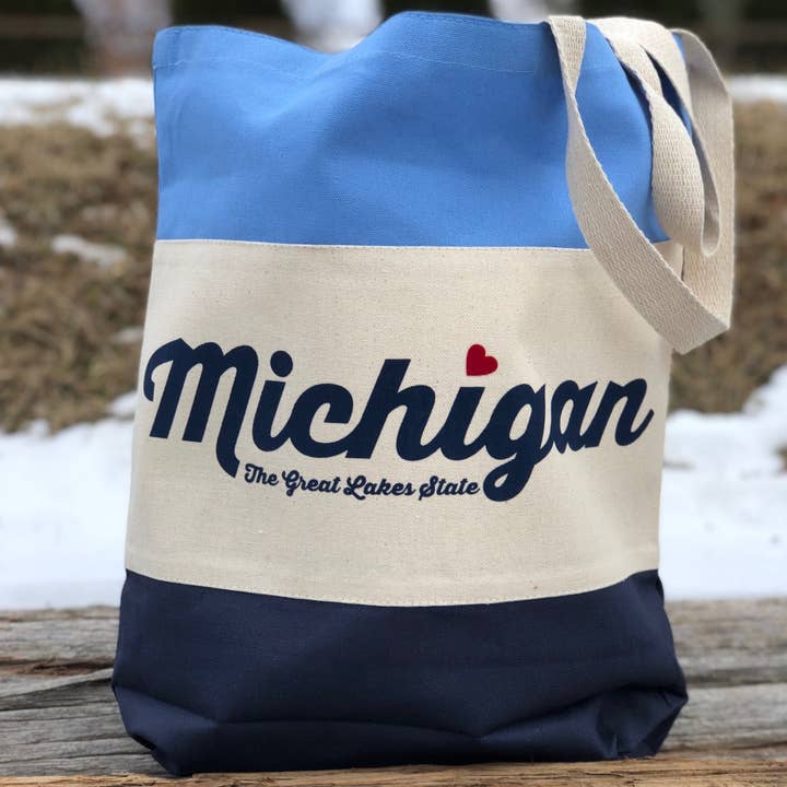 Bolso de mano Michigan TGLS Stripe, azul y azul marino para venta al por mayor de Detroit Shirt Co.