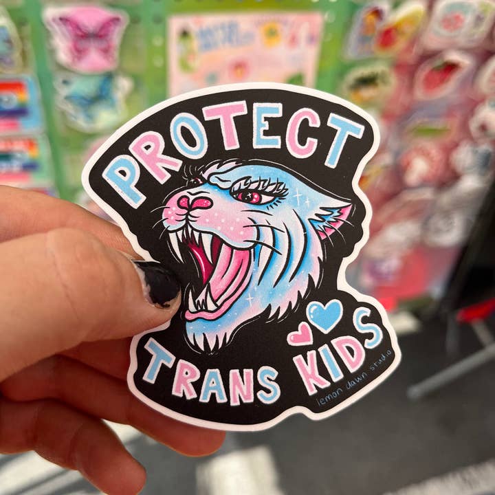 Protect Trans Kids Vinyl Sticker for wholesale by Lemon Dawn Studio