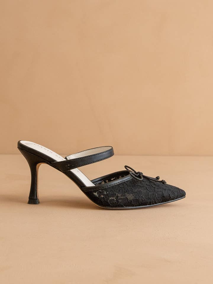 The Katie | Black Lace Pointed Toe Mid Heel Mule for wholesale by OASIS SOCIETY