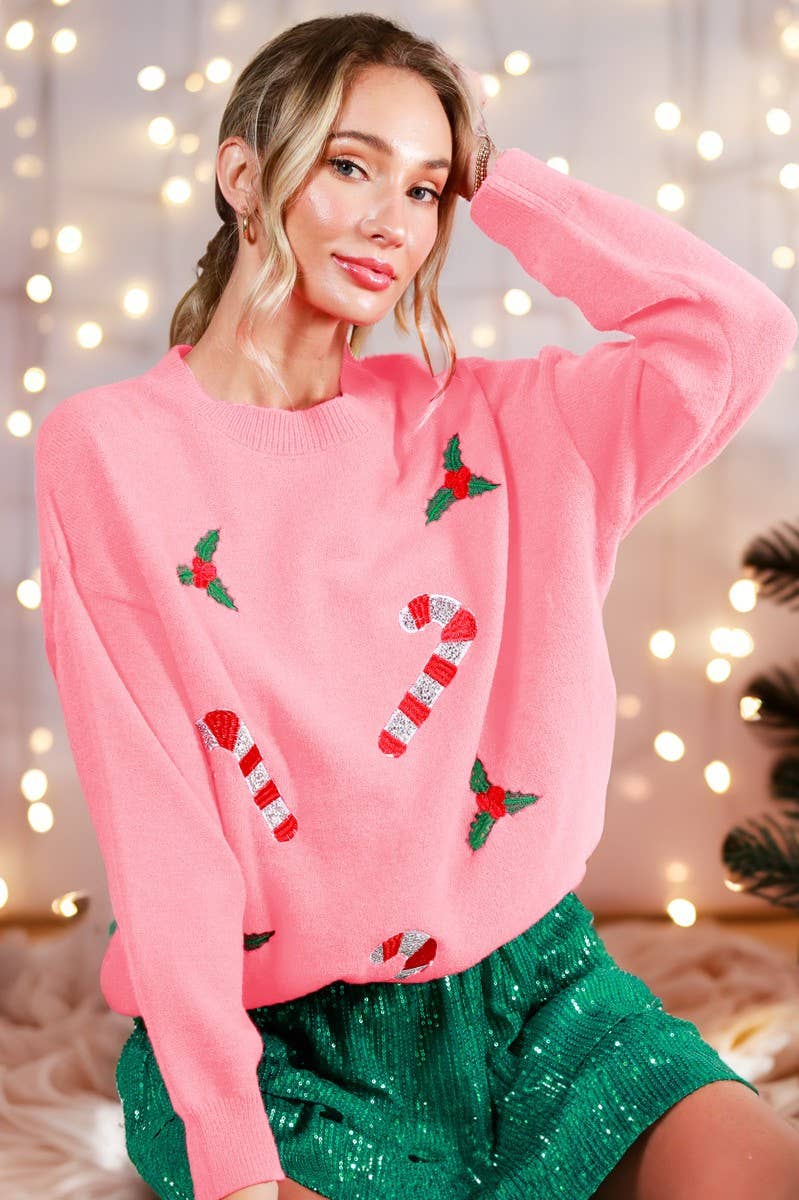 Vine & Love - Venta al por mayor Jersey de punto - Mujer - Jersey con cuello redondo adornado con lentejuelas de bastón de caramelo VT81743B2