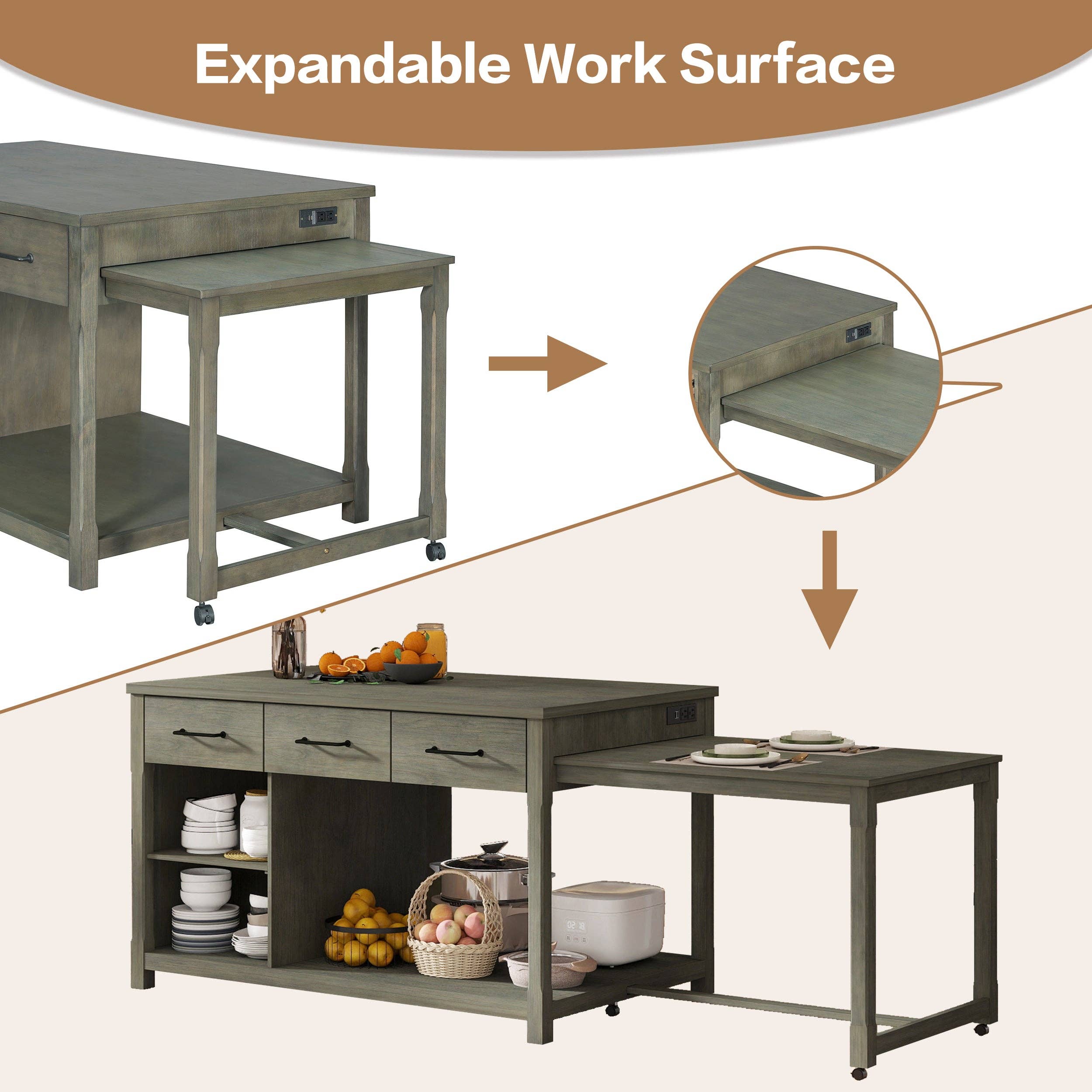 HOMYCASA DESIGN INC - Wholesale Kitchen Storage/Organizer - Extendable Kitchen Island with Power Outlets & Storage5