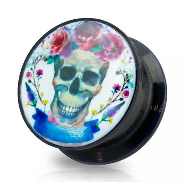 DAY OF THE DEAD FLOWER SKULL PRINT ACRYLIC SCREW FIT PLUG for wholesale by CRAVE
