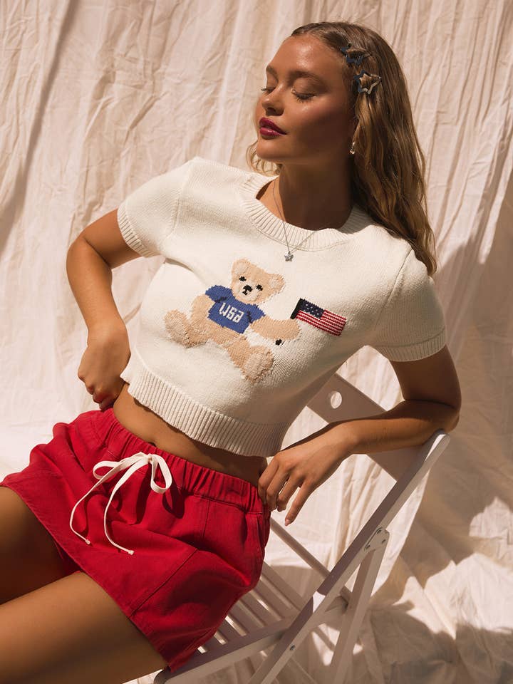 White "TEDDY BEAR WITH USA FLAG" GRAPHIC CREW NECK SWEATER TOP for wholesale on Faire