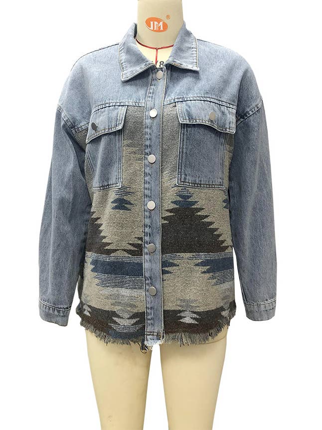 Rosa Clothing - Wholesale Denim Jacket - Women's - Vintage Ethnic AZTEC patchwork oversized denim jacket2