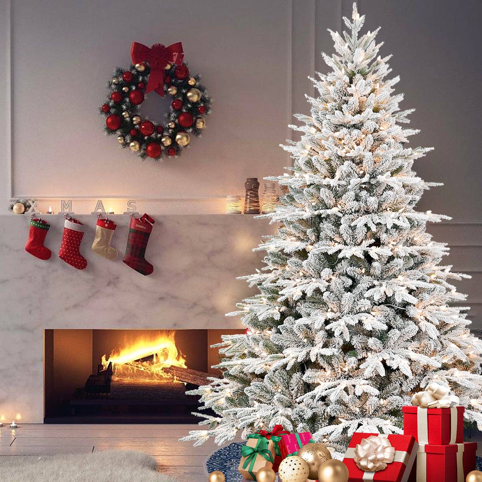 39F Inc. - Vente Sapin de Noël artificiel - Sapin de Noël floqué de 2,3 m avec 650 lumières et support en métal0