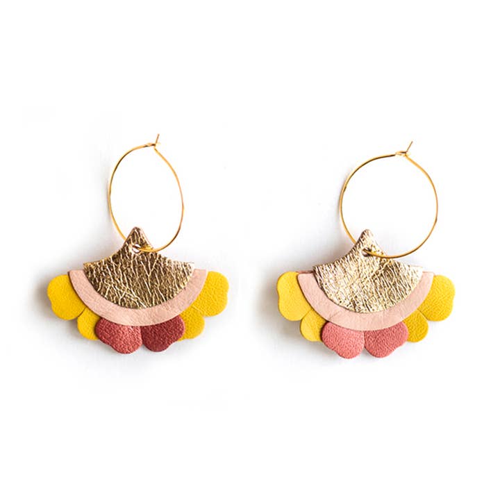 Fan Petal Earrings – Gold Pink Red Copper Yellow Leather for wholesale by Chenoha Studio