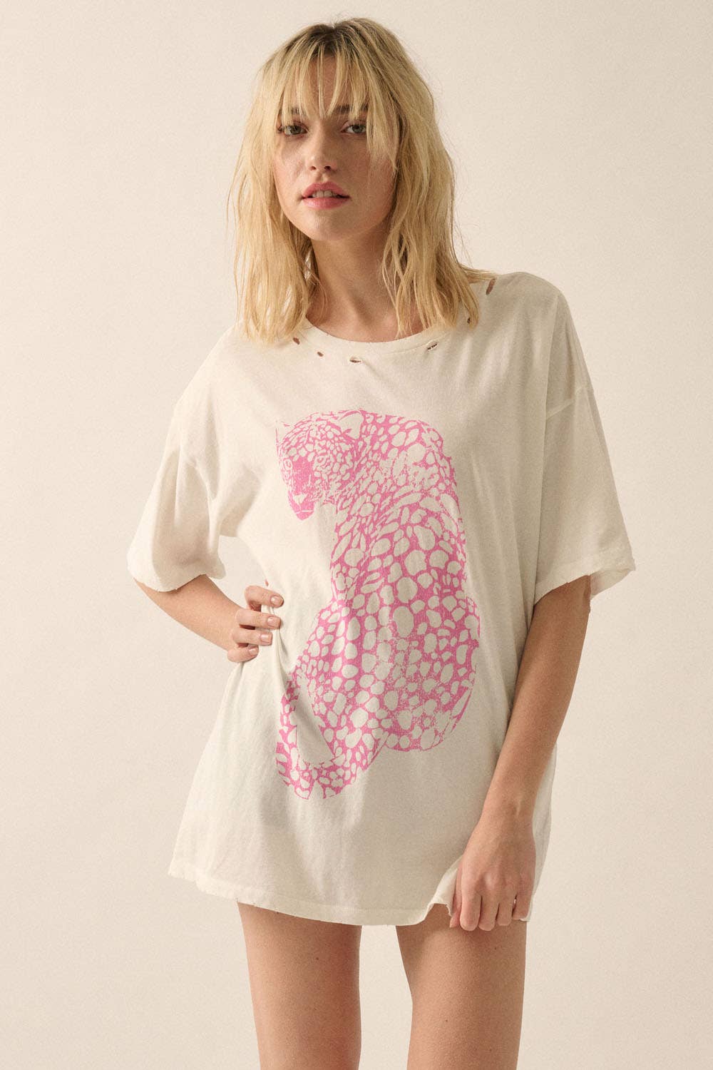Ivory Pink Cheetah Garment-Washed Oversized Graphic Tee for wholesale on Faire