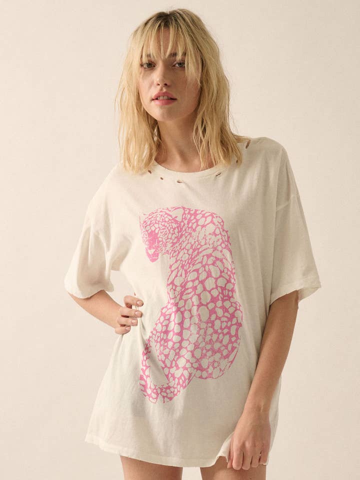 Ivory Pink Cheetah Garment-Washed Oversized Graphic Tee for wholesale on Faire0