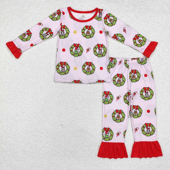 Baby Girls Christmas Pink Face Bamboo Pajamas Outfits Sets for wholesale by Aier Wholesale