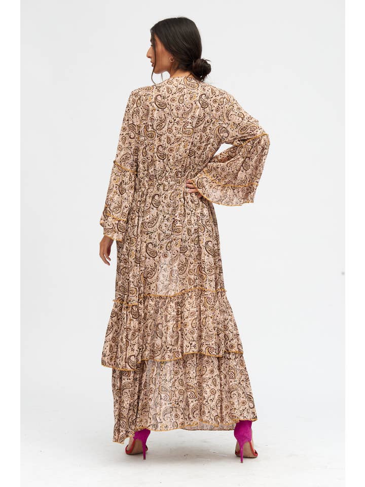 PETROL BLUE BEIGE PINK HAND-EMBROIDERED PAISLEY PRINT KIMONO for wholesale on Faire2