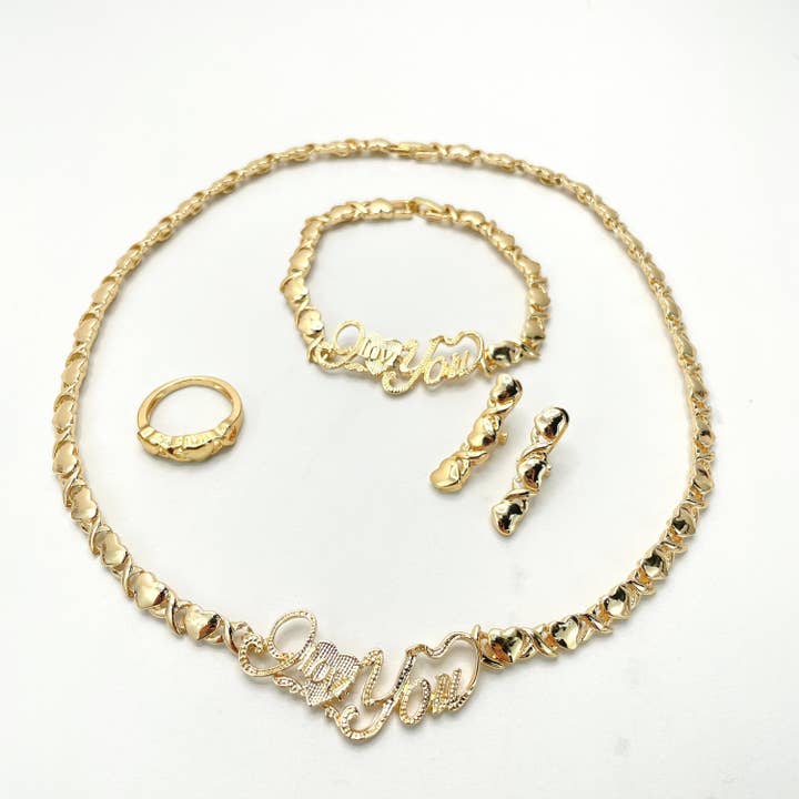 18k Gold Filled " I Love You" in XoXo Hug and Kisses Shape Set, Necklace, Bracelet, Earrings & Ring, 04 Pieces, Wholesale Jewelry Supplies for wholesale by DIJU Jewelry