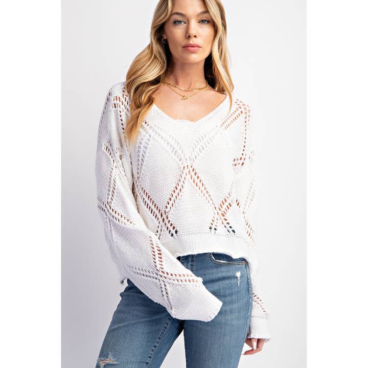 OPEN-STITCH V-NECK PULLOVER SWEATER TOP for wholesale by Sweet Generis