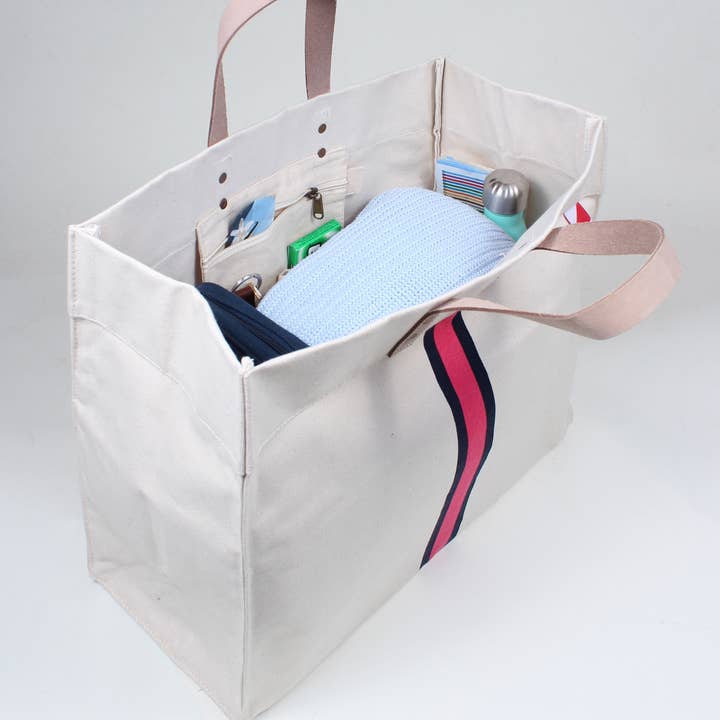 ShoreBags - Wholesale Tote Bag - Women's - Striped Box Heavy Canvas Tote Bag with Leather Handles