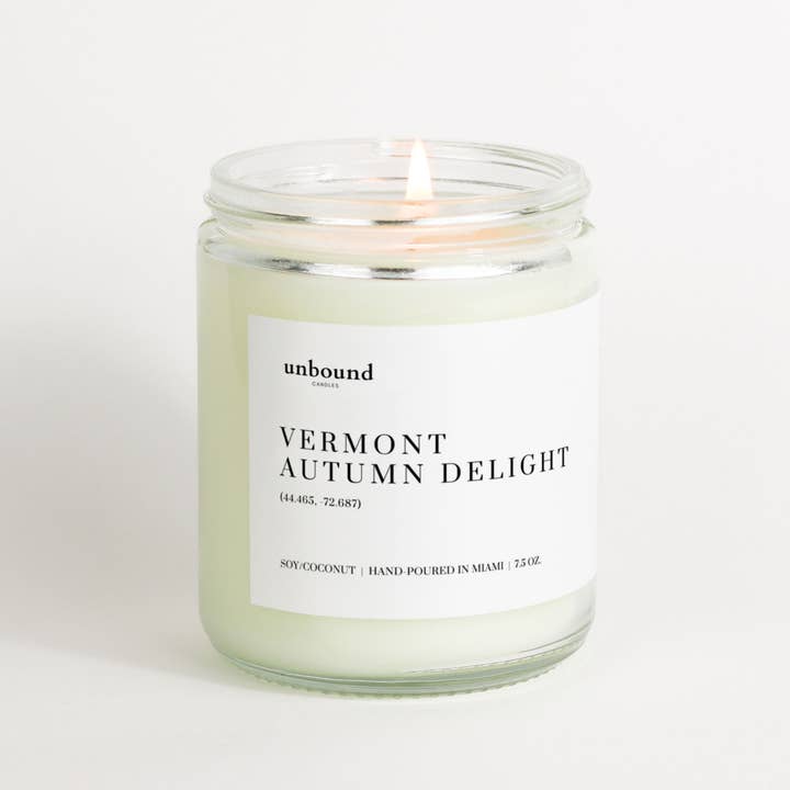 Vermont Autumn Delight - Coco Soy Destination Candle - 7.5oz for wholesale by Unbound Candles