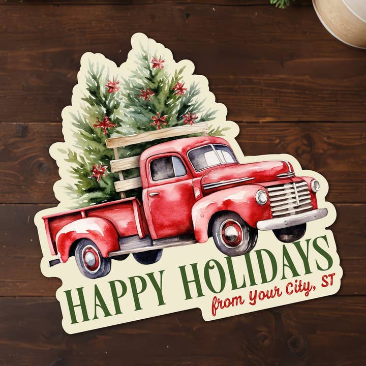 Christmas Antique Truck Souvenir Sticker with Custom Text for wholesale by Skylark Printing