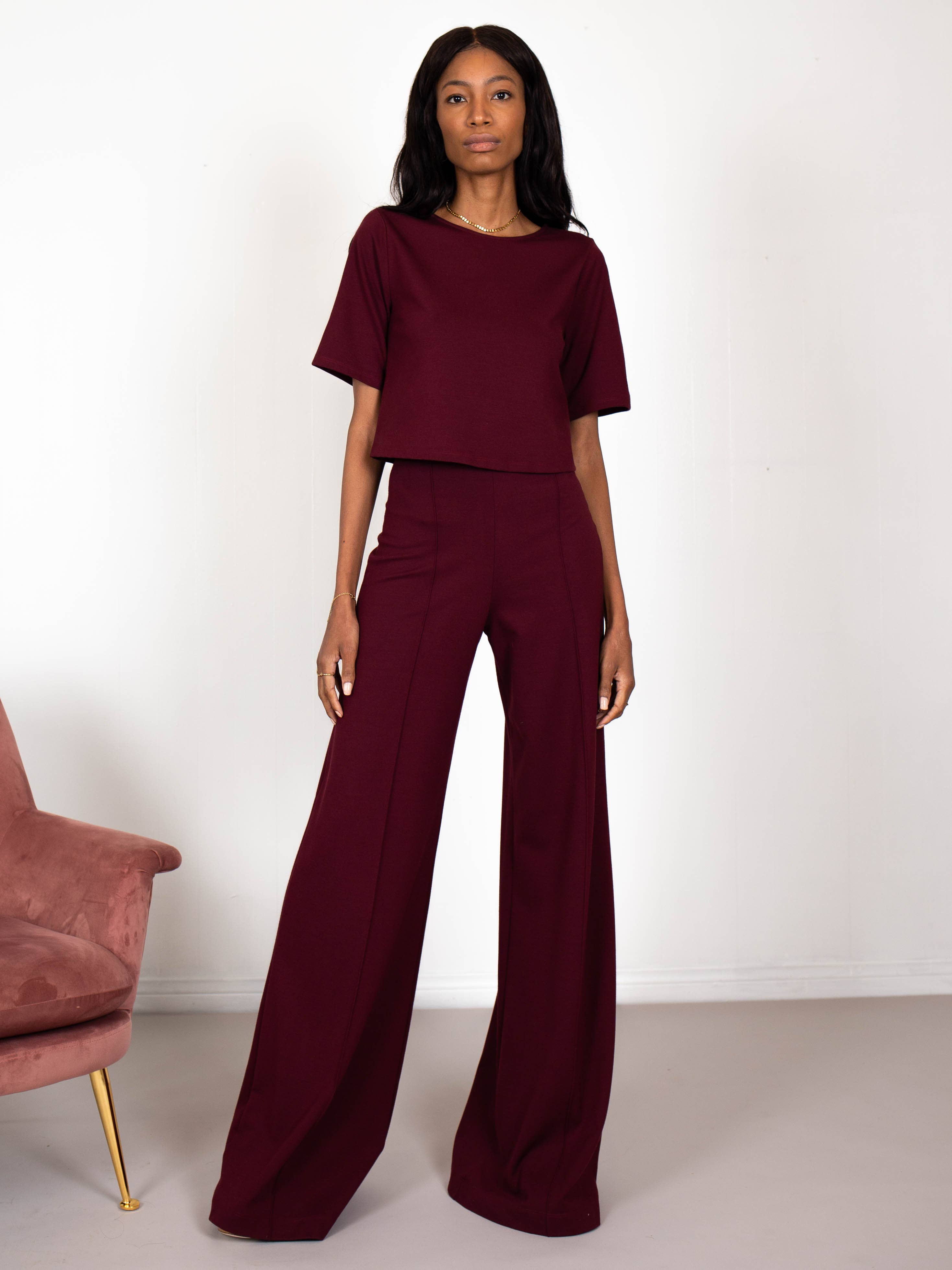 Ripley Rader - Wholesale Knit Top - Women's - Burgundy Ponte Knit Short Sleeve Tee1