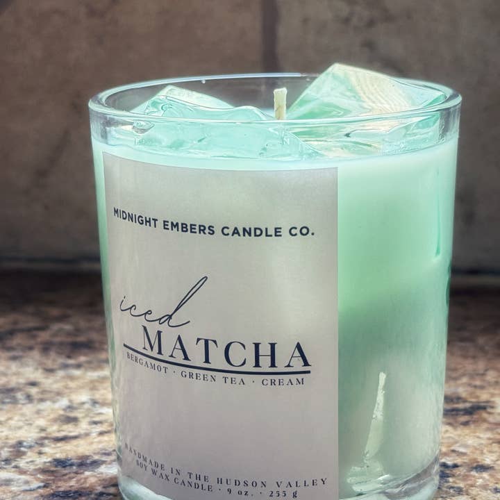 Iced Matcha | 8 oz. Glass Hand Poured Candle + Bamboo Lid for wholesale by Midnight Embers Candle Co.