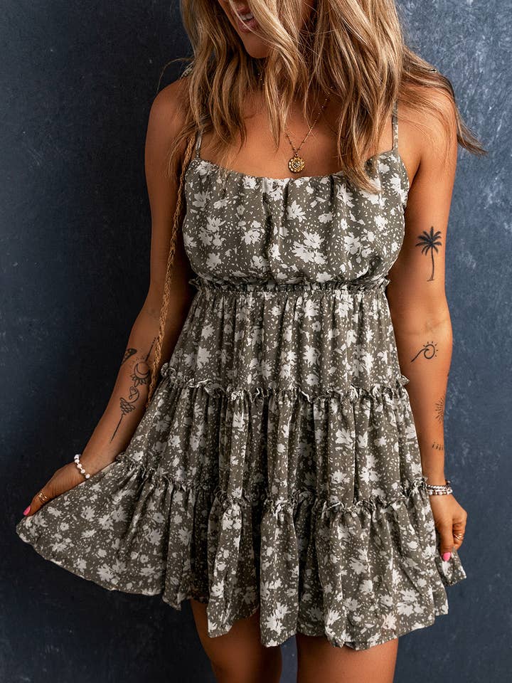 Green Tie Straps Frilly Tiered Short Floral Dress for wholesale on Faire