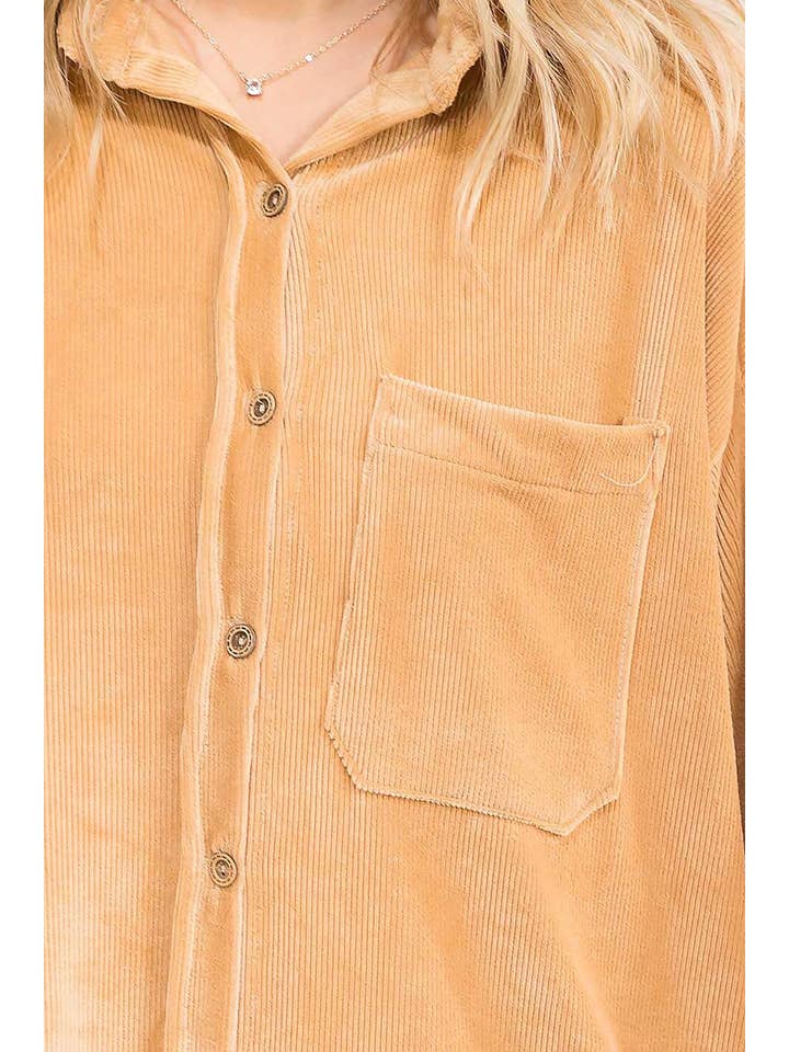 ROUSSEAU - Wholesale Button Down Shirt - Women's - OVERSIZED CORDUROY BUTTON DOWN POCKET FRONT TOP24