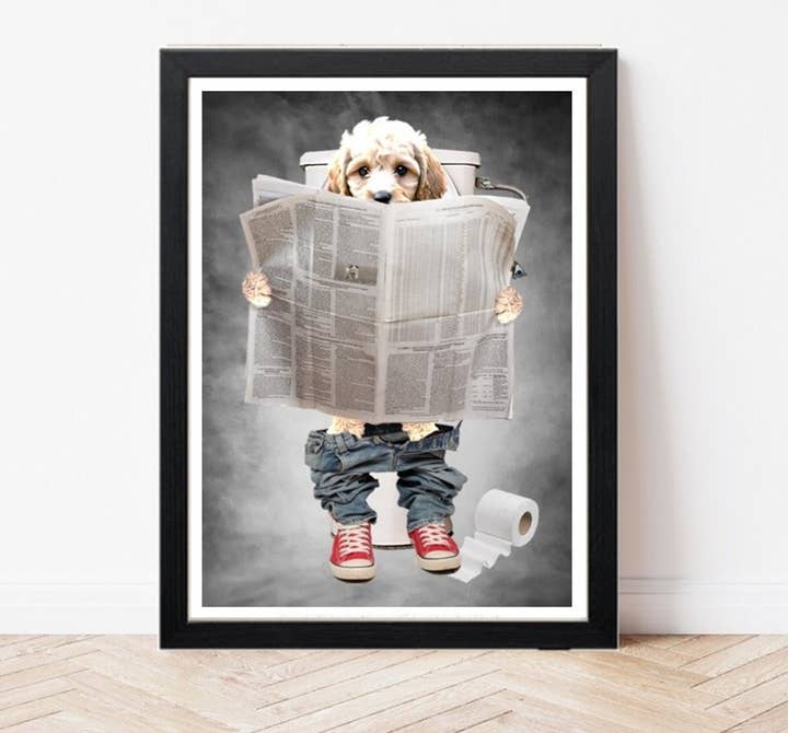 White Cream Cockapoo On Toilet - Dog Wall Art - Cockerpoo for wholesale by Parksmoonprints