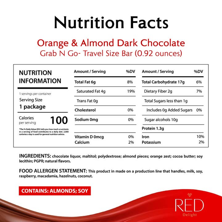 RED Chocolate - Wholesale Chocolate Bar - RED Delight®™ Orange and Almond Dark Chocolate 0.92oz Bars5