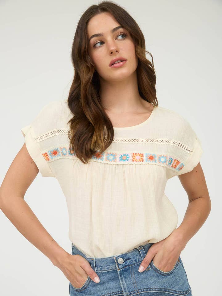 CROCHET FLORAL DETAIL LACE TRIM SHORT SLEEVE TOP for wholesale by MINE