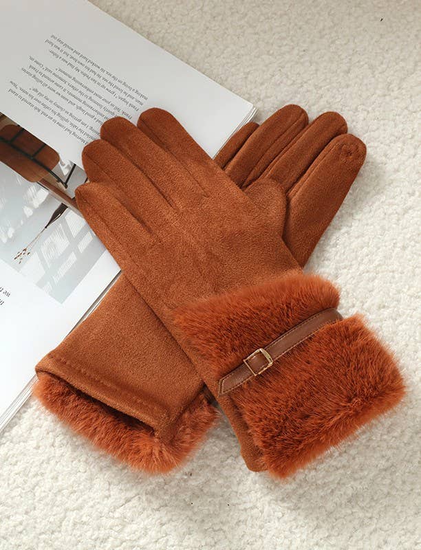 PEACH ACCESSORIES – Luvas - Mulher por atacado – Luvas de Camurça Sintética com Pormenor de Pêlo e Cinto HA3002