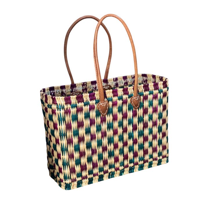 HandHappiness – Großhandel Lebensmittel-/Einkaufstasche – Handgefertigter gewebter Einkaufskorb aus Binsen - Grün & Lila - 3