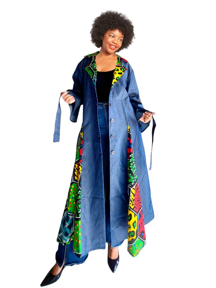 7752 - Denim-kimono-jurk met bedrukte panelen voor wholesale door India Batik