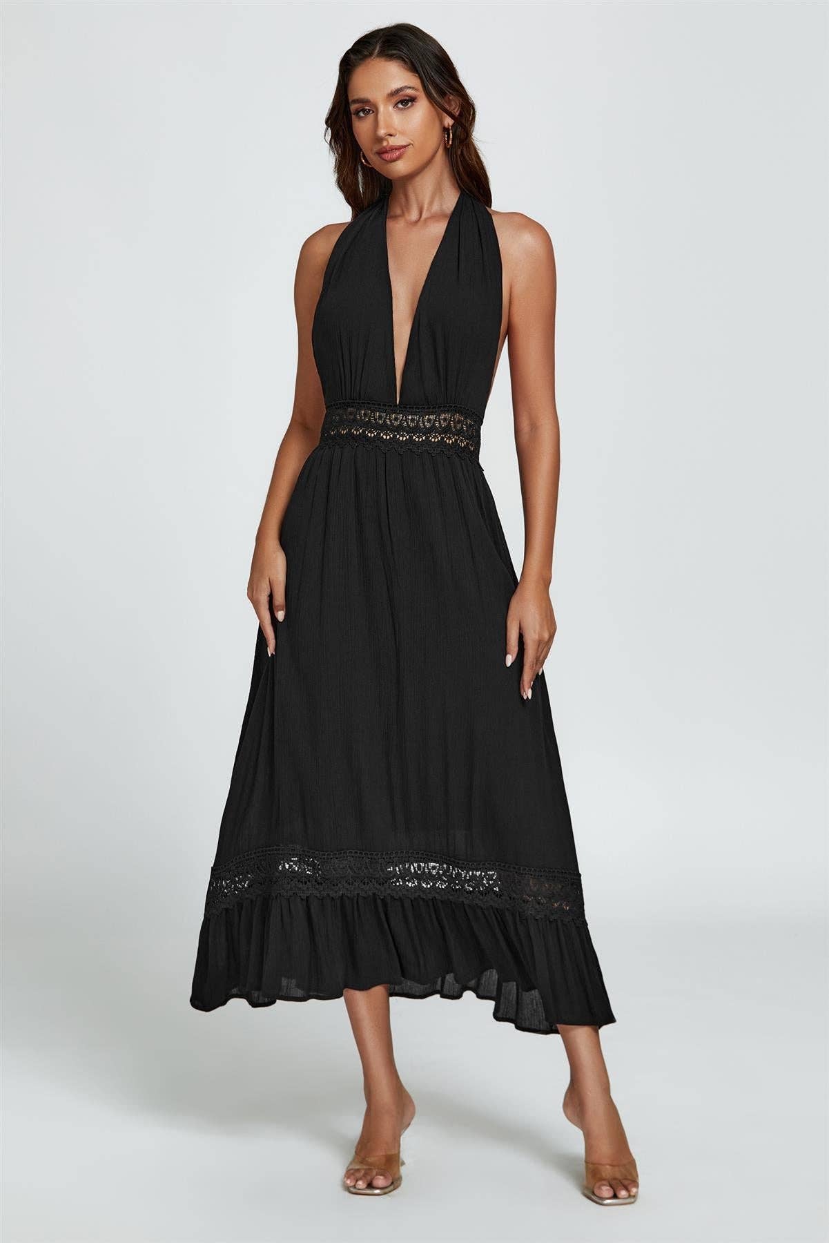 Lace Detail Adjustable Deep V Neckline Maxi Dress In Black for wholesale on Faire5