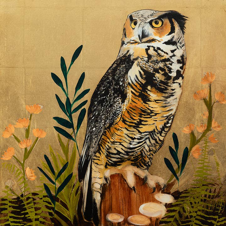 Uil op goud (canvasdruk op houten paneel met metalen blad) voor wholesale door Joseph Bradley Studio