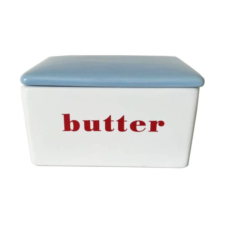 Contenitore per burro in ceramica rosso, bianco e blu - Porta burro vintage per la vendita all'ingrosso da parte di first of a kind