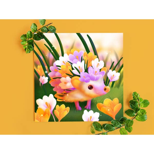 Crocus Hog Hedgehog Flowerhog Card for wholesale by Digitaldreamcloud
