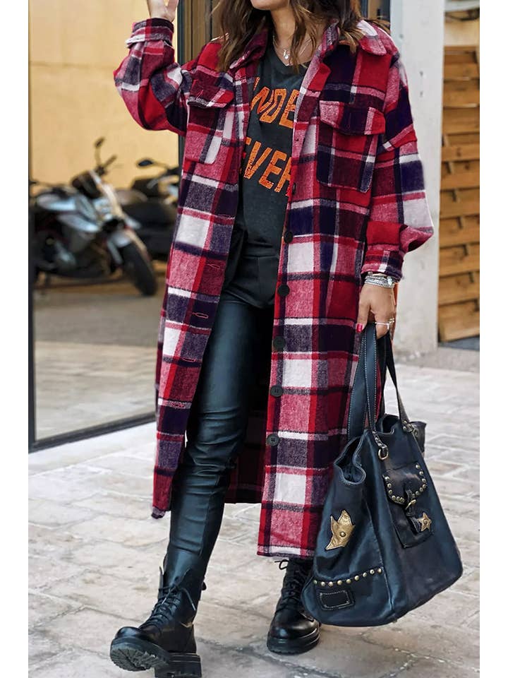 UNISHE - Wholesale Shirt Jacket/Shacket - Women's - XC1360 Plaid Flannel Shacket Jacket Maxi Length Women