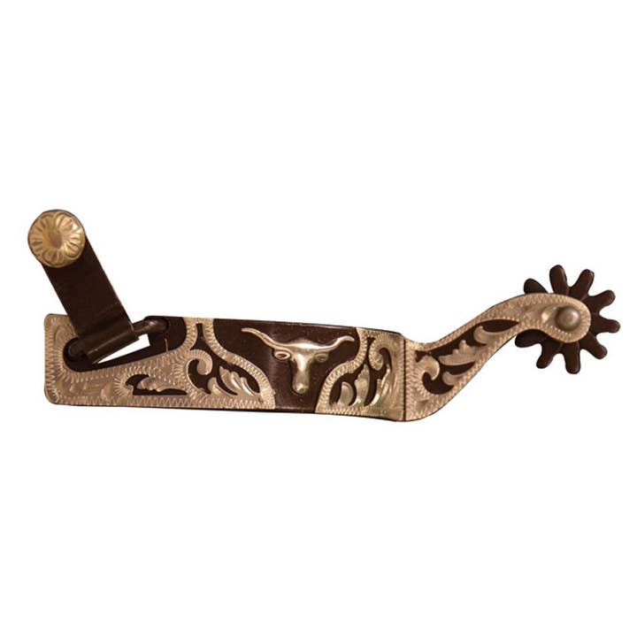 Mens Western Show Spurs with Silver Steer and Overlay for wholesale by Intrepid International