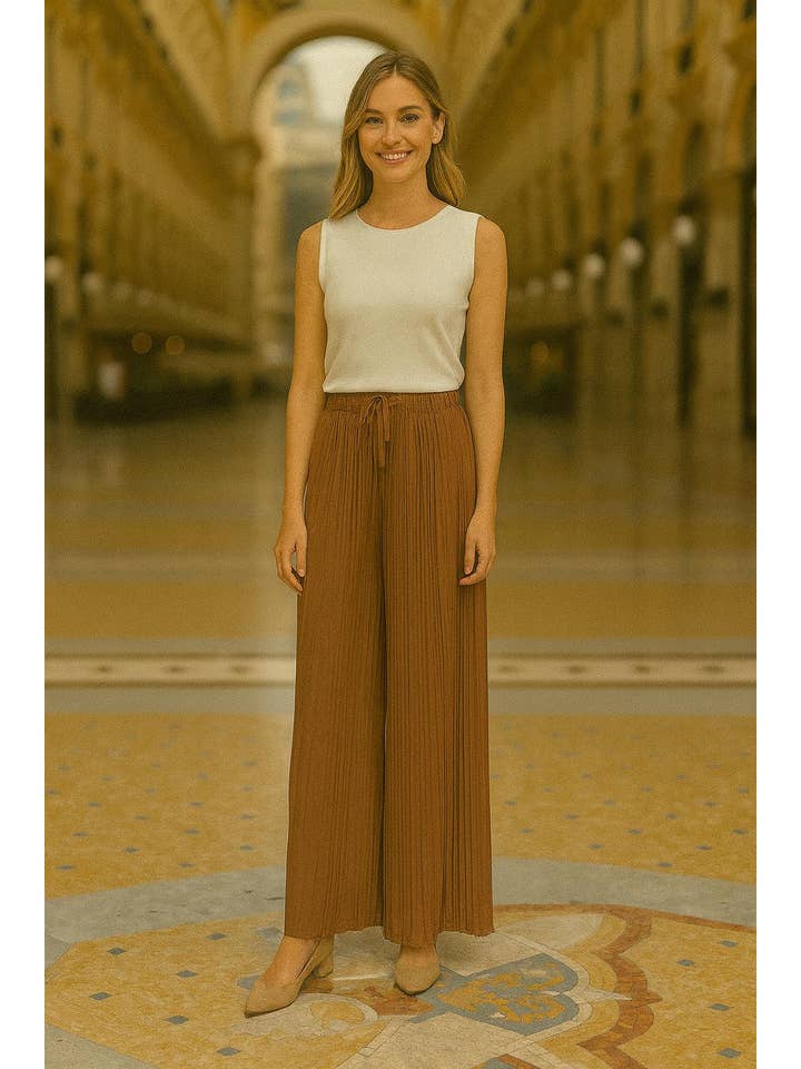 Kurt Muller – wholesale Pants – Women's – Premium Italian Plisse Wide Leg Palazzo Trousers3