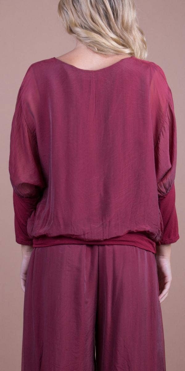 Gigi Moda - Vente Chemisier – femme - Blouse en soie à manches longues et col en V avec taille à bandes1