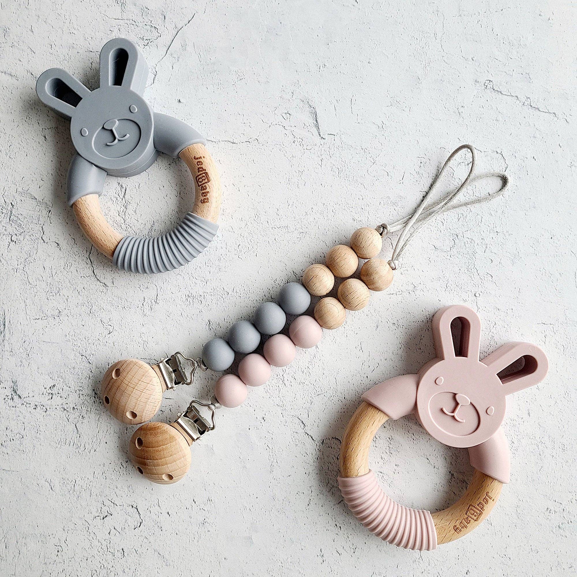 Jedbaby - Wholesale Teether (Not Clip-On) - Baby - Silicone and Wood Bunny Teether + Pacifier Clip8