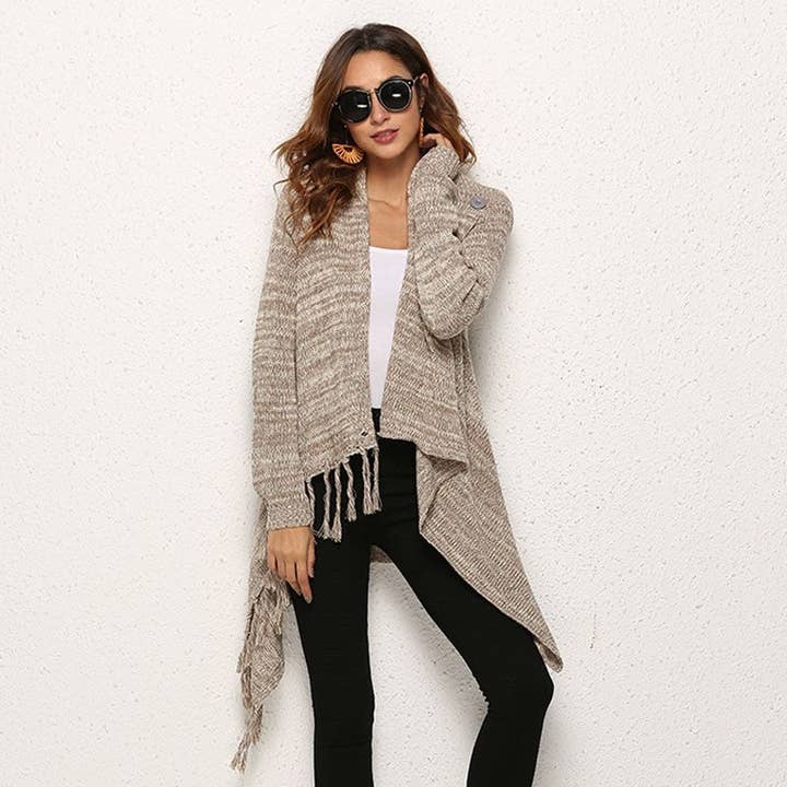 Mirazshoes WholeSale – wholesale Cardigan – Women’s – Long Sleeves Solid Color Tassel Loose Knitted Cardigan Outerwear3