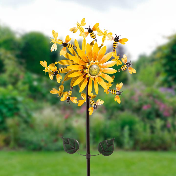 Metal Wind Spinner, Sunflower & Bees, 75"H for wholesale by Evergreen Enterprises