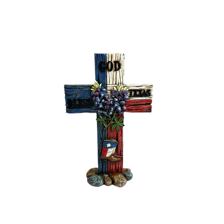 God Bless Texas Blue Bonnet Standing Tabletop Cross Décor for wholesale by De Leon Collections