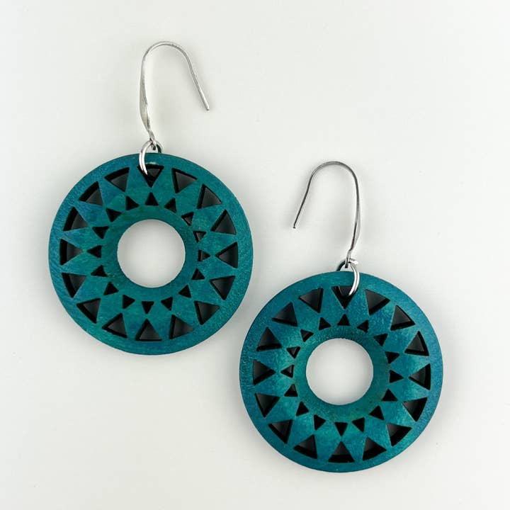 Dark Teal Sun Earrings | Timber Boho Drop Earrings for wholesale by Sunbaked Lizard Jewellery & Gifts