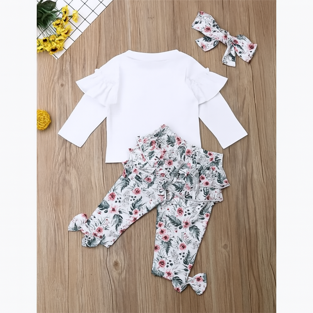 Fennco Styles - Vente Ensemble de vêtements – bébé - Haut à manches longues, pantalon et bandeau blancs à volants floraux pour bébé2