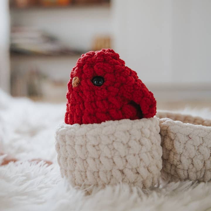 Ozzie the Hatching Cardinal- Crochet Sensory Toy for wholesale by Lewie & Berg Littles