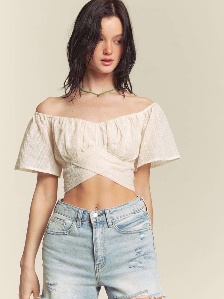 Hers & Mine - Wholesale Knit Top - Women's - EMBROIDERY VOILE SHORT SLEEVE CROSS TIE TOP2