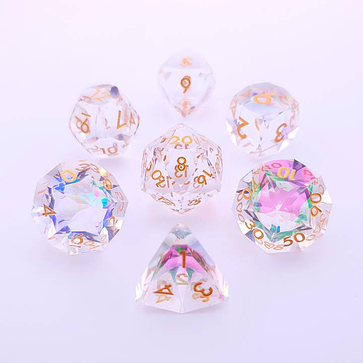 Tabletop Dominion Limited - Wholesale Dice - Planar Prism | Diamond Cut Sharp Edge Resin | 7 Piece Dice Set