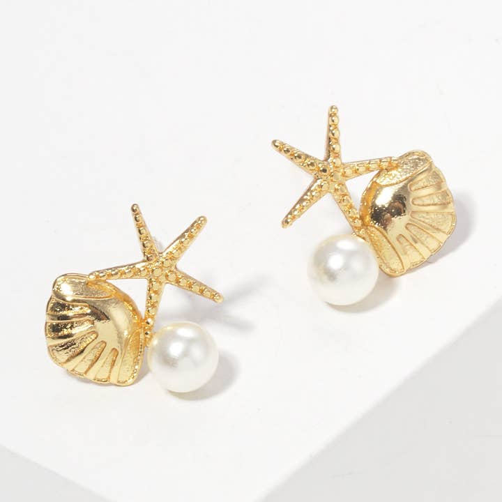 Brincos de pérola de água doce, concha e estrela do mar em ouro por atacado de OHBOOBA DESIGN